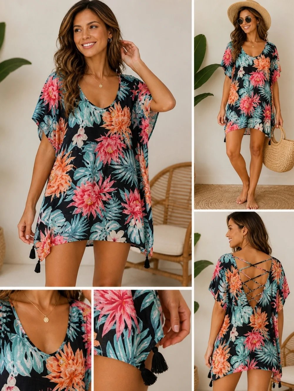 Kona Sol Tropical Floral Cover Up Dress Swim Tunic Criss Cross Back Size M‎